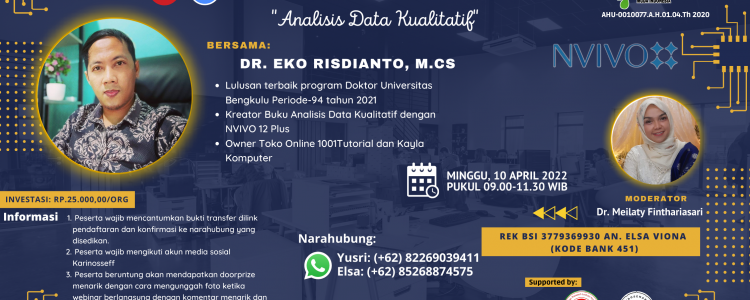 Webinar Online Pelatihan NVIVO: “Analisis Data Kualitatif” bersama Dr. Eko Risdianto, M.Cs., Minggu, 10 April 2022